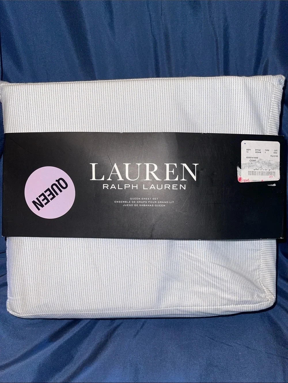 Lauren Ralph Lauren White with Blue Stripes Textured Queen Sheet Set